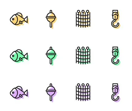 Set line Fishing net pattern, float and Spring scale icon. Vector Stock Illustration