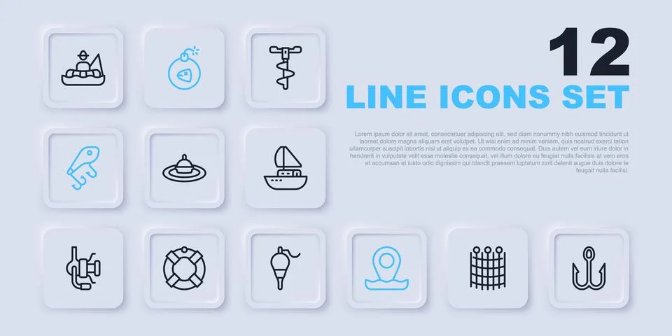 Set line Fishing net pattern, hook, float water, Location fishing, lure, Li.. Stock Illustration
