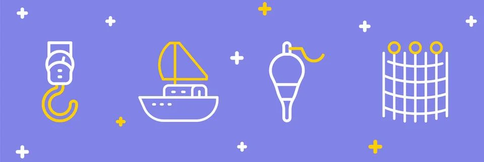 Set line Fishing net pattern, float, Yacht sailboat and Spring scale icon. .. Stock Illustration
