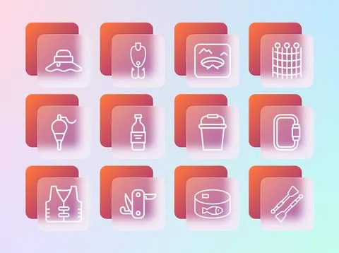 Set line Fishing net pattern, Swiss army knife, bucket, Canned fish, Bottle.. Stock Illustration