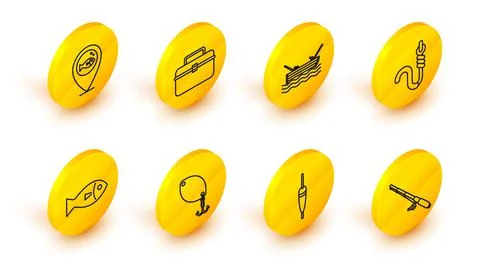 Set line Fishing rod, float, spoon, hook and worm, boat with fishing water, Case Stock Illustration