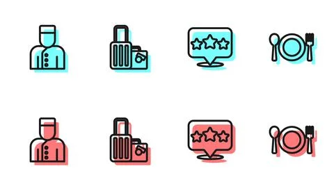 Set line Five stars rating review, Concierge, Suitcase and Plate, fork and .. Stock Illustration
