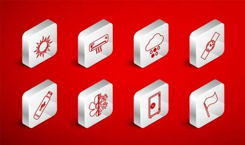 Set line Flag, Air conditioner, Cloud with snow and rain, Wrist watch, Safe, Sun Stock Illustration