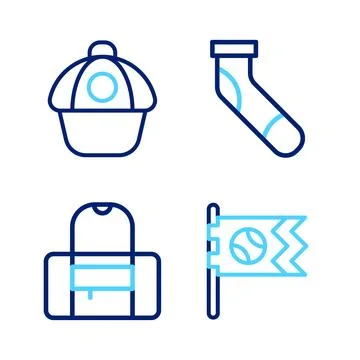 Set line Flag with baseball ball, Sport bag, Baseball sock and cap icon. Vect Stock Illustration