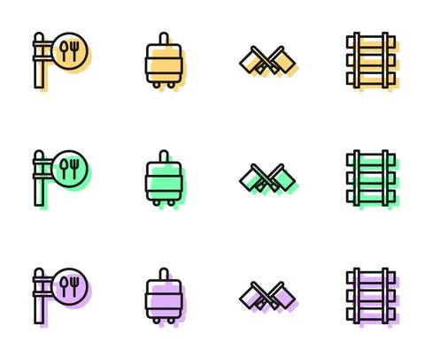 Set line Flag, Cafe and restaurant location, Suitcase and Railway, railroad t Illustration