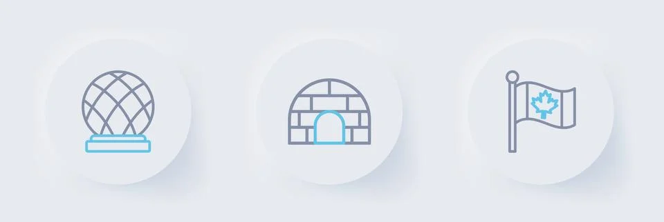 Set line Flag of Canada, Igloo ice house and Montreal Biosphere icon. Vector Stock Illustration