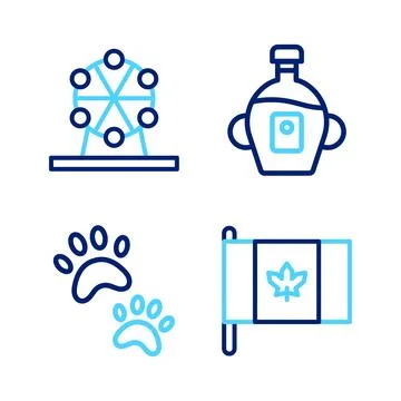 Set line Flag of Canada, Paw print, Maple syrup and Ferris wheel icon. Vector Stock Illustration