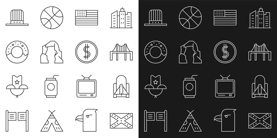 Set line Flag Confederate, Rocket launch from the spaceport, Golden gate br.. Stock Illustration