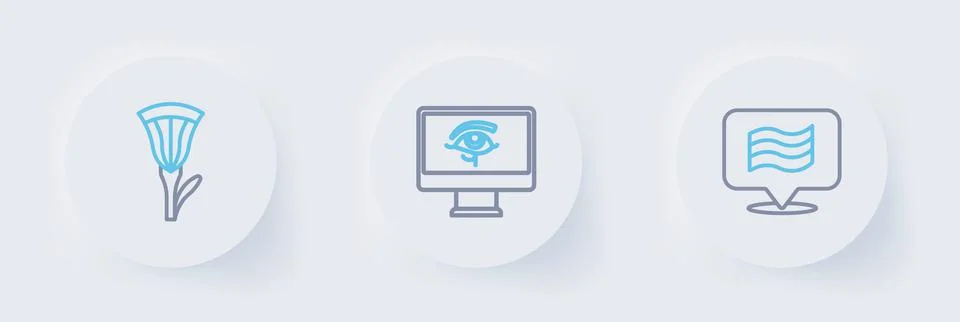 Set line Flag Of Egypt, Eye of Horus on monitor and Egyptian lotus icon. Vect Stock Illustration