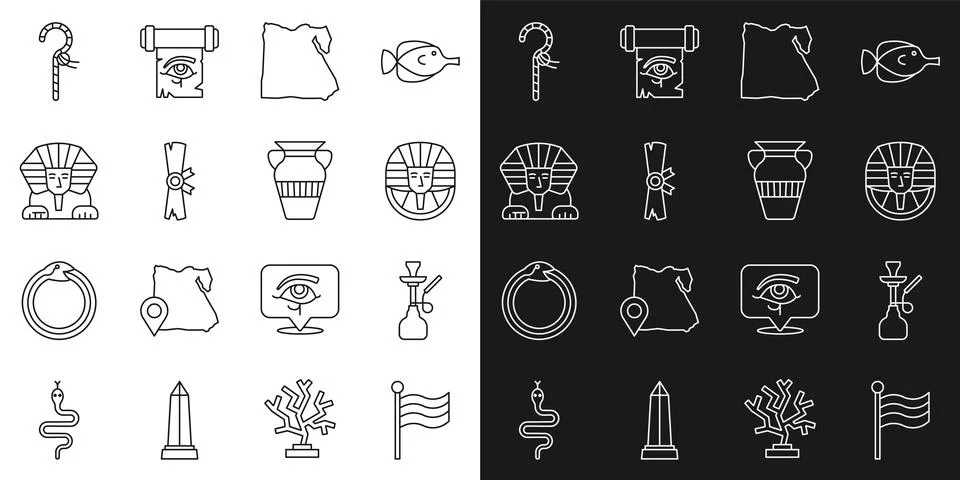 Set line Flag Of Egypt, Hookah, Egyptian pharaoh, Map of, Papyrus scroll, Sphinx Stock Illustration