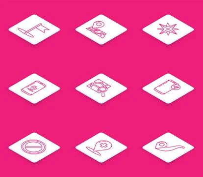 Set line Flag, Folded map with location marker, Wind rose, Infographic of city Stock Illustration