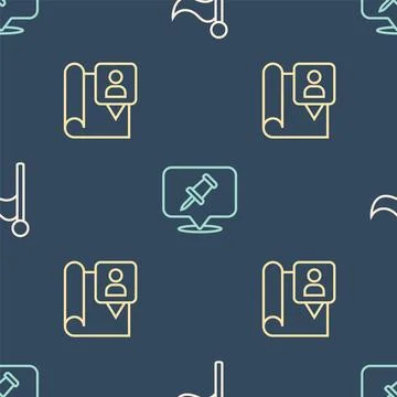 Set line Flag, Folded map with location marker and Push pin on seamless pattern Stock Illustration