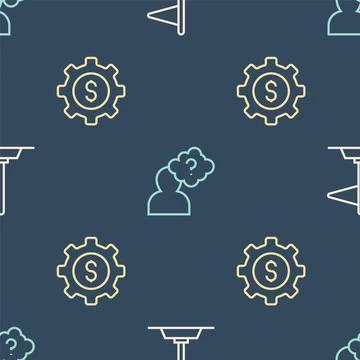 Set line Flag, Gear with dollar and Head question mark on seamless pattern Stock Illustration