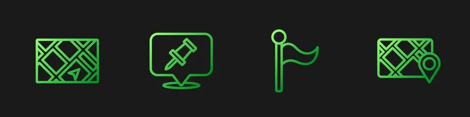 Set line Flag, Gps device with map, Push pin and . Gradient color icons. Vector Ilustração Stock