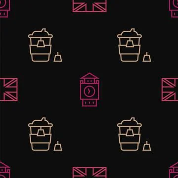 Set line Flag of Great Britain, Coffee cup to go and Big Ben tower on seaml.. 스톡 일러스트