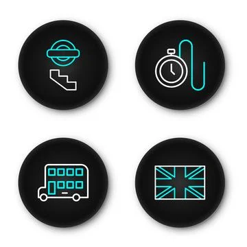 Set line Flag of Great Britain, Double decker bus, Watch with chain and Lon.. Stock Illustration