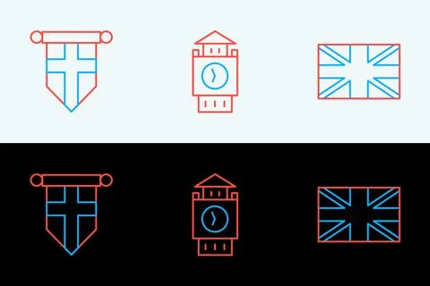 Set line Flag of Great Britain, England flag on pennant and Big Ben tower i.. Ilustración de archivo