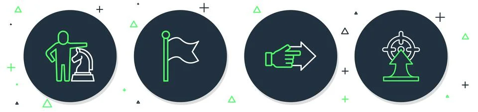 Set line Flag, Hand with pointing finger, Chess and Target icon. Vector Illustrazione stock
