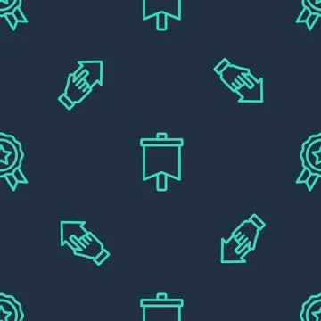 Set line Flag, Hand with pointing finger and Medal on seamless pattern. Vector Stock Illustration