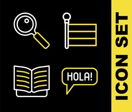 Set line Flag Hola in different languages Open book and Magnifying glass icon Illustrazione stock