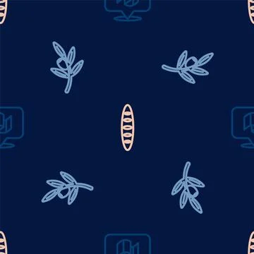 Set line Flag Italy, Olives branch and French baguette bread on seamless pattern Stock Illustration