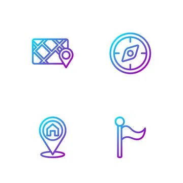 Set line Flag, Location with house, Gps device map and Compass. Gradient co.. Stock Illustration