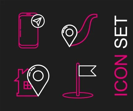 Set line Flag, Map pointer with house, Route location and Infographic of city Stock Illustration