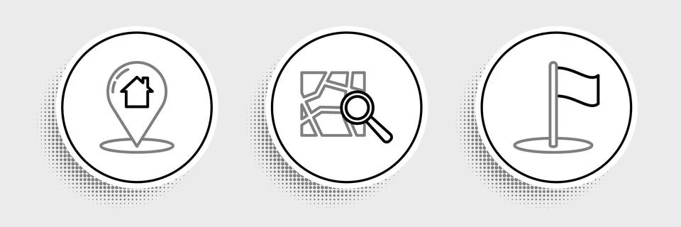 Set line Flag, Map pointer with house and Folded map location marker icon Illustrazione stock