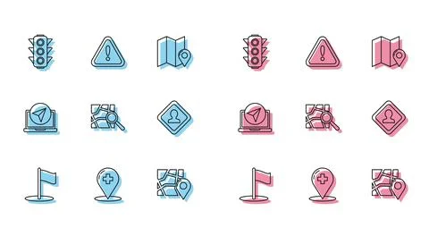 Set line Flag, Medical map pointer with cross hospital, Traffic light, Folded 库存插图