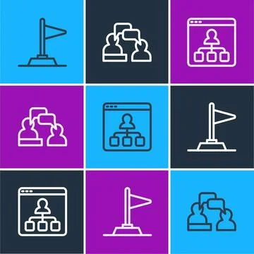 Set line Flag, Online education and Two sitting men talking icon. Vector Stock Illustration