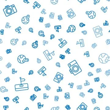 Set line Flag, Photo camera and Location on the globe on seamless pattern. .. Illustrazione stock