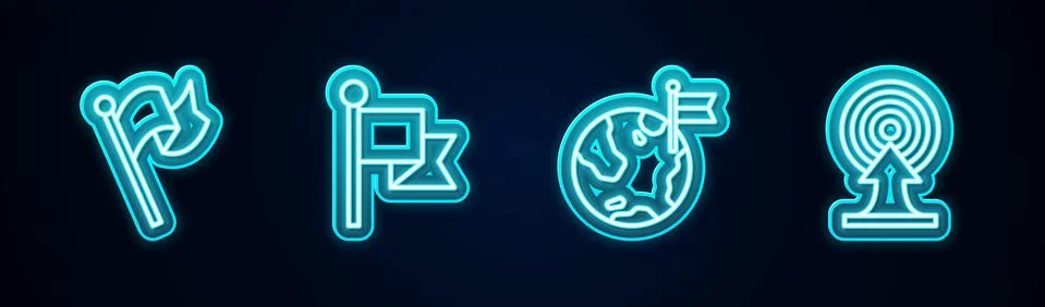 Set line Flag, , Planet with flag and Target arrow. Glowing neon icon. Vector Stock Illustration