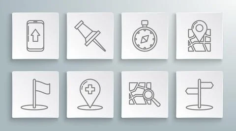 Set line Flag, Push pin, Medical map pointer with cross hospital, Folded Stock Illustration