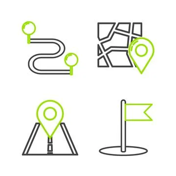 Set line Flag, Road traffic sign, Folded map with location marker and Route.. Stock Illustration