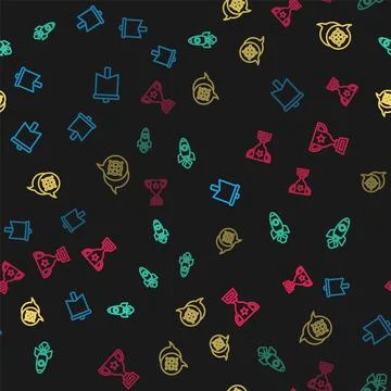 Set line Flag, Rocket ship, Target and Award cup on seamless pattern. Vector Stock Illustration