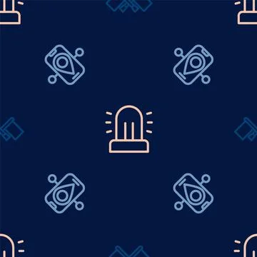 Set line Flag, Route location and Flasher siren on seamless pattern. Vector Stockillustratie