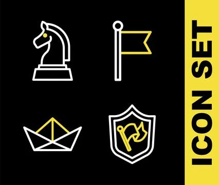 Set line Flag, Shield with flag, Folded paper boat and Chess icon. Vector Stock Illustration