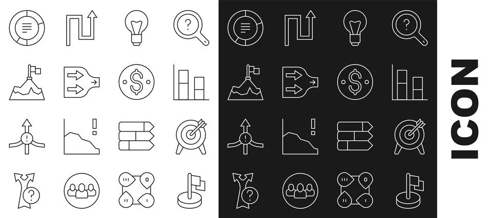 Set line Flag, Target, Graph, chart, diagram, Light bulb, Arrow, Mountains wi Stock Illustration