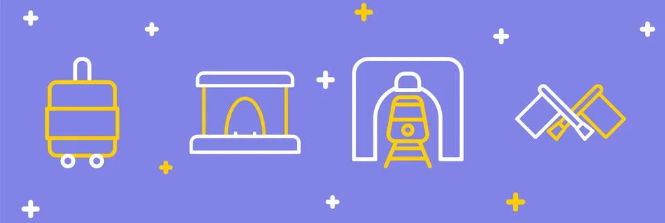 Set line Flag, Train in railway tunnel, Railway and Suitcase icon. Vector Stock Illustration