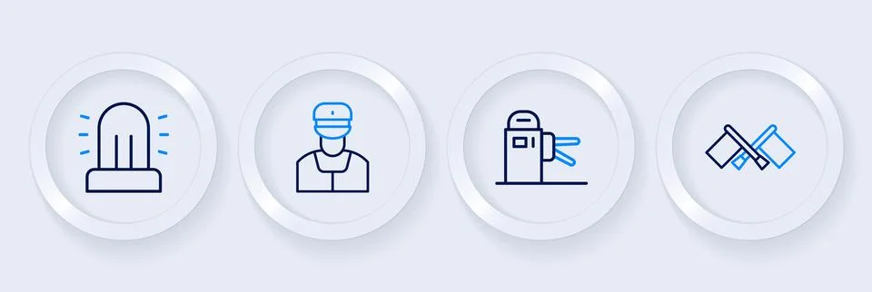Set line Flag, Turnstile, Train conductor and Flasher siren icon. Vector Stock Illustration