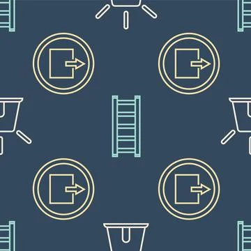 Set line Flasher siren, Fire exit and Fire escape on seamless pattern. Vector Stockillustratie