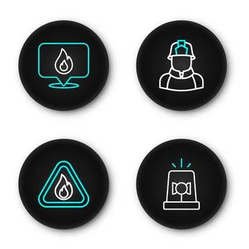 Set line Flasher siren, Fire flame in triangle, Firefighter and Location wi.. Stock Illustration