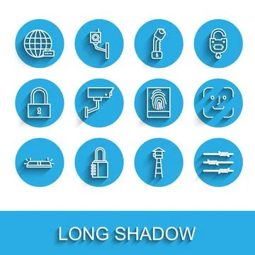 Set line Flasher siren, Safe combination lock, Social network, Watch tower Stock Illustration