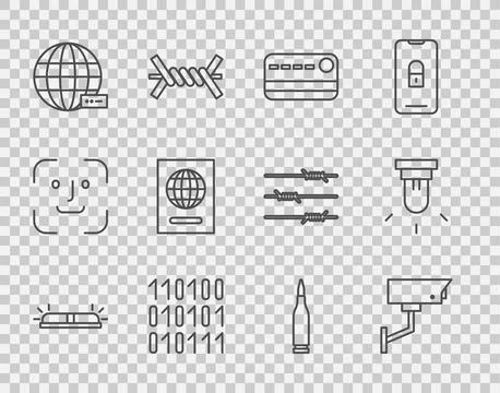 Set line Flasher siren, Security camera, Credit card, Binary code, Social Stock Illustration