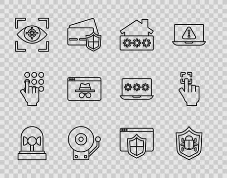 Set line Flasher siren, System bug, House with password, Ringing alarm bell, Eye Illustrazione stock