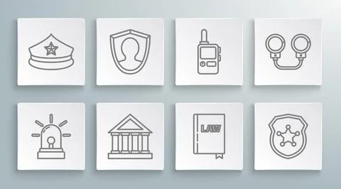 Set line Flasher siren, User protection, Courthouse building, Law book, Police Ilustración de archivo