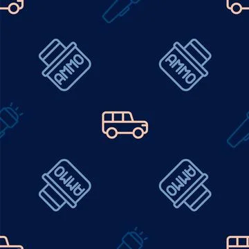 Set line Flashlight, Ammunition box and Safari car on seamless pattern. Vector Stock Illustration