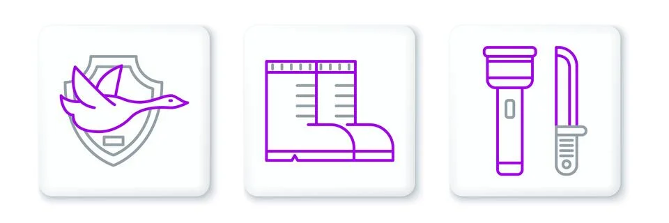 Set line Flashlight and knife, Flying duck on shield and Hunter boots icon... Stock Illustration