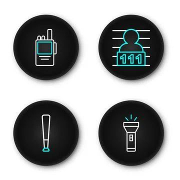 Set line Flashlight, Baseball bat, Suspect criminal and Walkie talkie icon... Stock Illustration