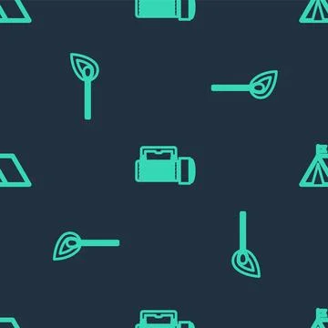 Set line Flashlight, Burning match with fire and Tourist tent flag on seamless Stock Illustration